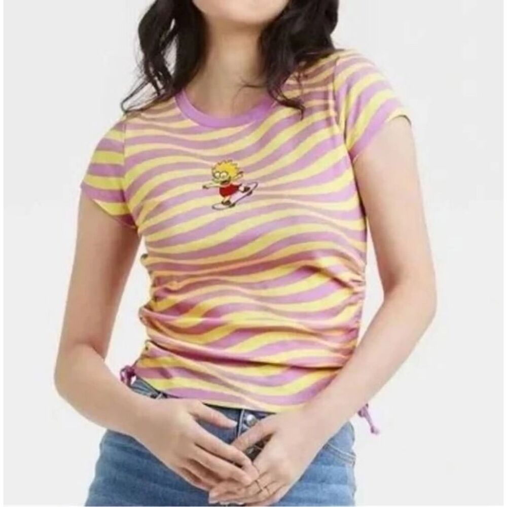 THE SIMPSONS Women’s Pink Yellow Striped Lisa Simpson Skateboarding Baby Tee XS
